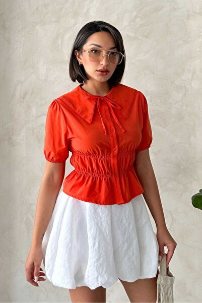 VERYMODA Collar Detailed Gathered Shirt - Orange |   D2813