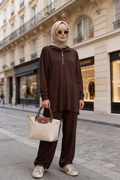 Aselim Hijap Moda طقم قطعتين من القماش الناعم والحريري المتدفق - بني فاتح