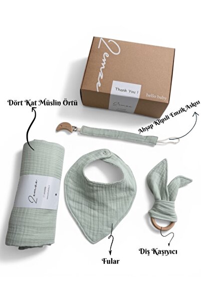 Zemze Baby Müslin Bebek Seti Mint Renk – 4 Kat Organik, 100x100 Örtü, Emzik Z...