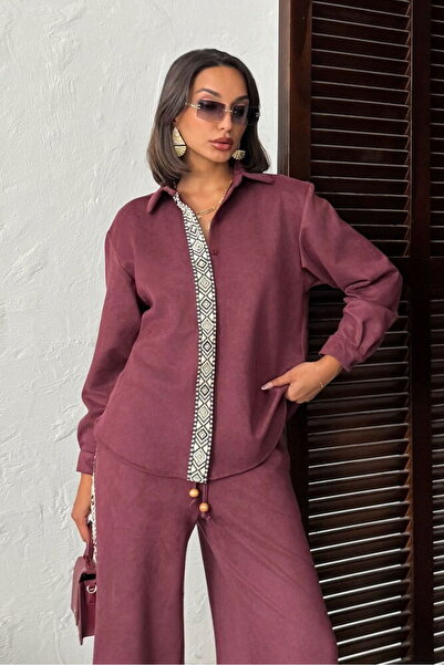 VERYMODA Πουκάμισο Scuba Suede με λεπτομέρεια σε ρίγες - Βουργουνδίας |   F1973