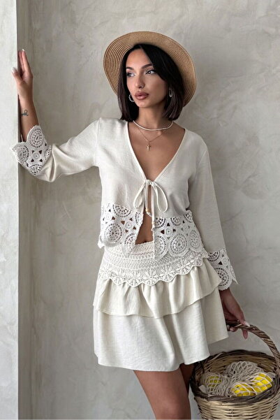 VERYMODA جاكيت برباط أمامي مع تفاصيل من الدانتيل - لون حجري |   F1946