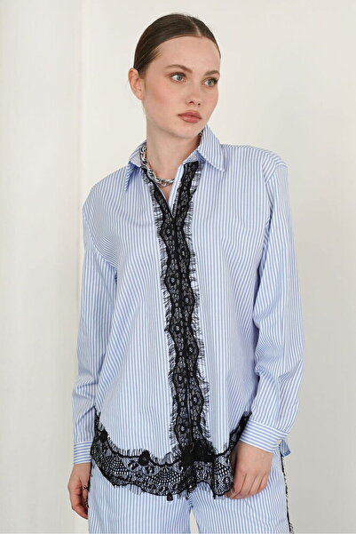 VERYMODA Lace Detailed Striped Shirt - Blue |   F2082