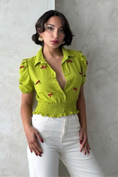 VERYMODA Λινό πουκάμισο με 1 φιόγκο - Πράσινο φιστικί |   D2409