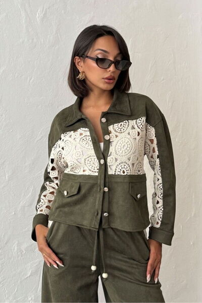 VERYMODA Lace Detailed Suede Look Women's Shirt Jacket - Khaki |   F1957