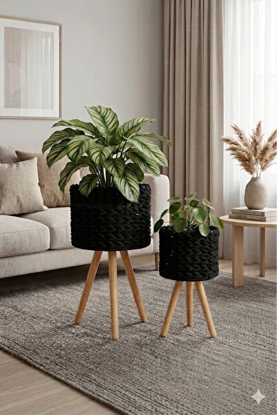Bohem studio 2’li Ahşap Ayaklı Siyah Dekoratif Saksı Seti – Modern Salon & Ev...