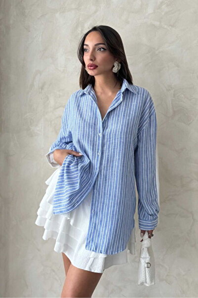 VERYMODA Striped Linen Shirt - Light Blue |   F1917