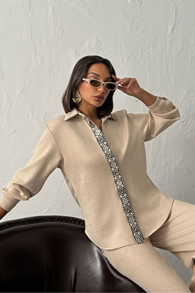 VERYMODA Πουκάμισο Scuba Suede με λεπτομέρεια σε ρίγες - Πέτρινο |   F1973