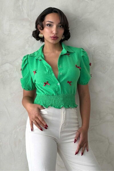 VERYMODA 1 Bow Tie Linen Shirt - Emerald |   D2409