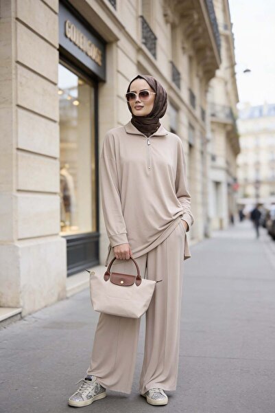 Aselim Hijap Moda Flowy Silky Soft Flowing Draped Fabric Double Set - Beige