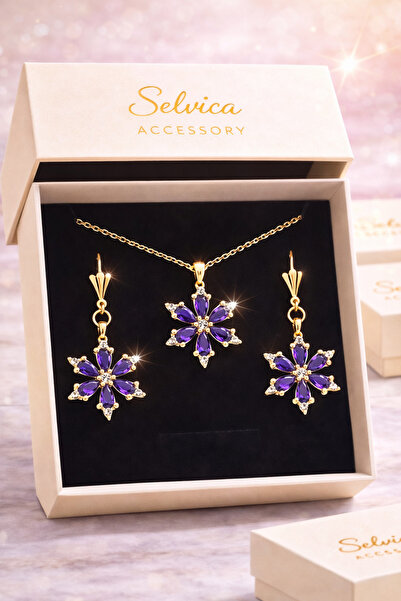 Selvica Mor Lotus Kamelya Çiçeği Kolye Ve Küpe Seti Doğum Günü Hediyesi Kız A...