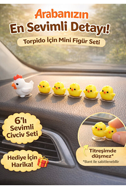 BRE HOME Araba Torpido Üstü Sevimli Civciv Figür Seti - 6’lı Mini Araç İçi De...