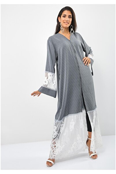 Bousni Stylish Front Open Net Embellished Abaya
