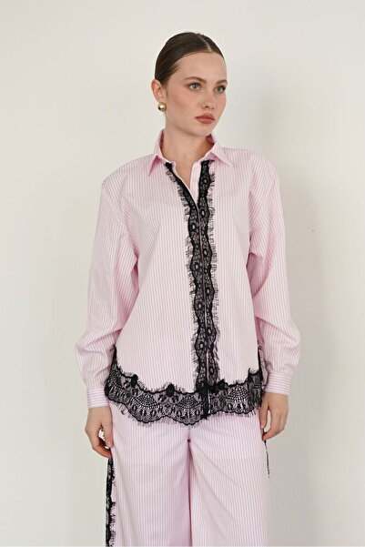 VERYMODA Lace Detailed Striped Shirt - Pink |   F2082