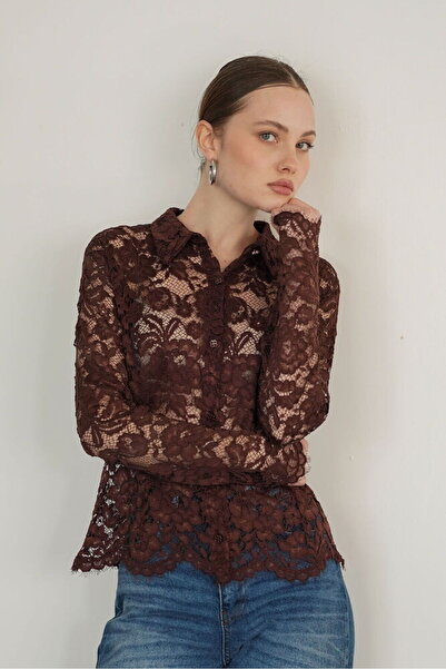 VERYMODA Embroidered Lace Shirt - Brown |   F2081