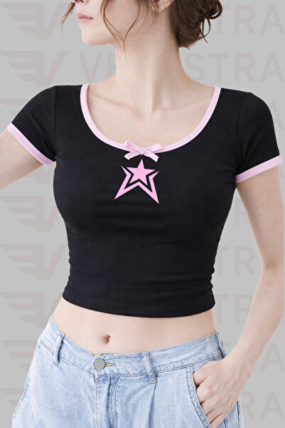 Velostra Women's Star Printed Pink Bow Detailed Special Design Body Crop
