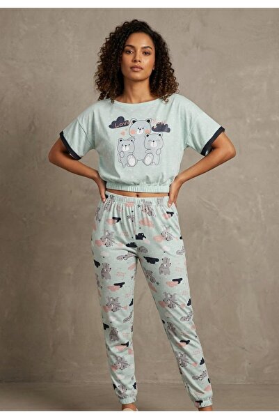 lindros Women's pajamas, with short sleeves and long cotton pants, "Love You"...