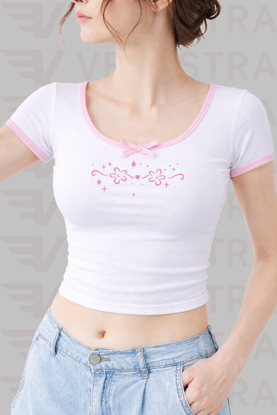 Velostra Women's Floral Printed Pink Bow Detailed Special Design Body Crop