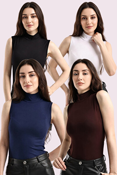 Trend Sizde Women's Coffee Navy Blue Black White 4-Piece Half Turtleneck Basi...