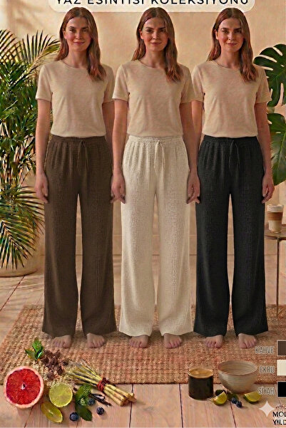 Modaley Giyim Women's Seersucker Textured Loose-Fit Pants - High Waist, Wide ...