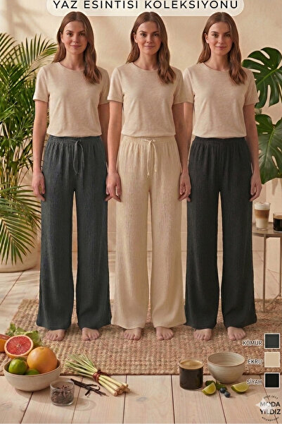 PİERLES Women's Seersucker Textured Loose-Fit Pants - High Waist, Wide Legs, ...