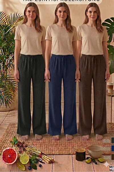 MODA YILDIZ Women's Seersucker Textured Loose-Fit Pants - High Waist, Wide Le...