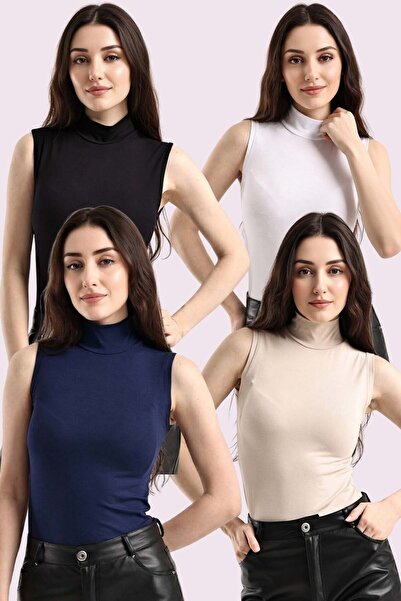 Trend Sizde Women's Cream Navy Blue Black White 4-Piece Half Turtleneck Basic...