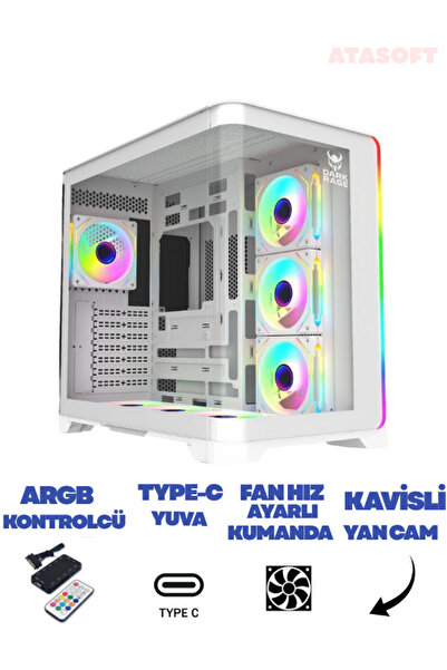 ATAsoft Gaming Akvaryum Kavisli Kasa 7x120mm Beyaz ARGB Fanlı Type-C & 2x USB...