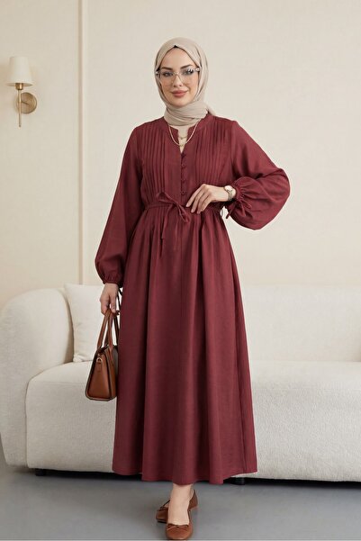 Modamorfo Φόρεμα από τένσελ με ραβδώσεις και μισά κουμπιά - μπορντό