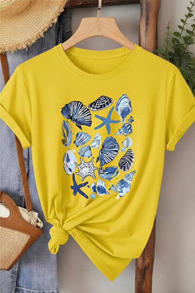 l'eivor Tricou de damă din bumbac cu imprimeu scoici și stele de mare