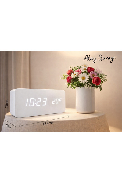 Atay Garage Ahşap Desenli LED Dijital Saat – Masa & Komodin Saat | Sıcaklık G...