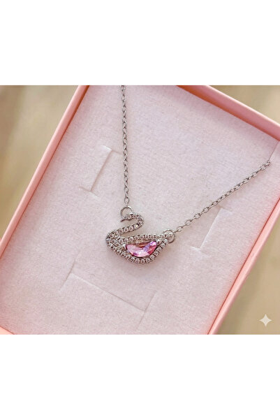 shop PEMBE GÜMÜŞ ZİNCİRLİ KUĞU KOLYE ÇELİK