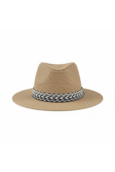 GİYU SHOP Unisex Şerit Detaylı Hasır Fötr