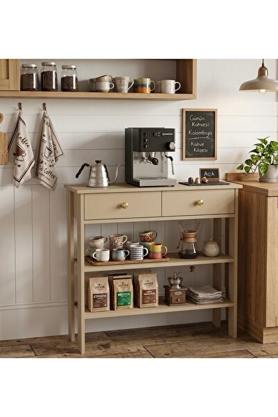 MANDOSİ 90 Cm Çift Çekmeceli Kahve Köşesi Çok Amaçlı Dolap Mutfak Dresuar Kum...