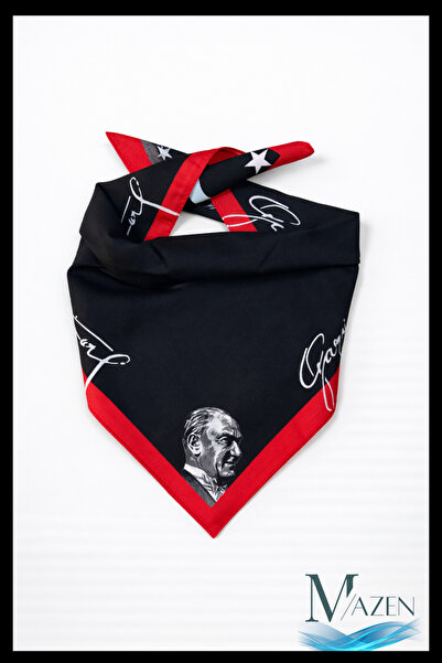 MAZEN Red Edged Ataturk Patterned Scarf |   45X45 cm |   Soft Satin Fabric | ...