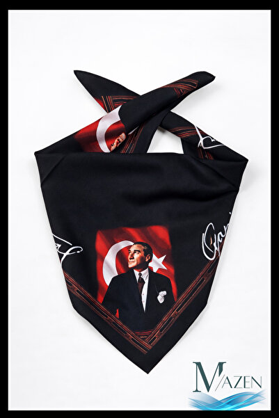 MAZEN Ataturk Patterned and Signed Black Scarf |   45X45 cm |   Soft Satin Fa...
