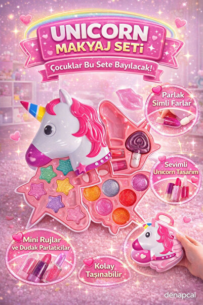 DENAPCAL Çocuk Makyaj Oyuncak Seti Unicorn Makyaj Seti Aksesuarlı Şekilli 4 K...
