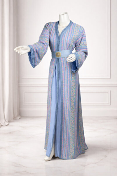 LA ROSA Sky Blue Moroccan Caftan Embroidered with Colorful Luxury Patterns wi...