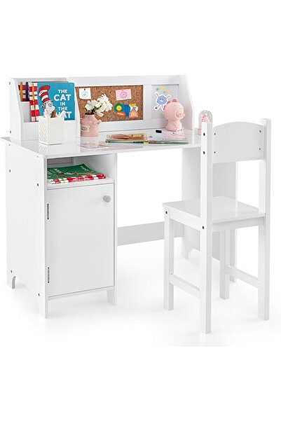 COSTWAY Birou pentru copii cu scaun, bibliotecă și panou de afișaj, masă din ...