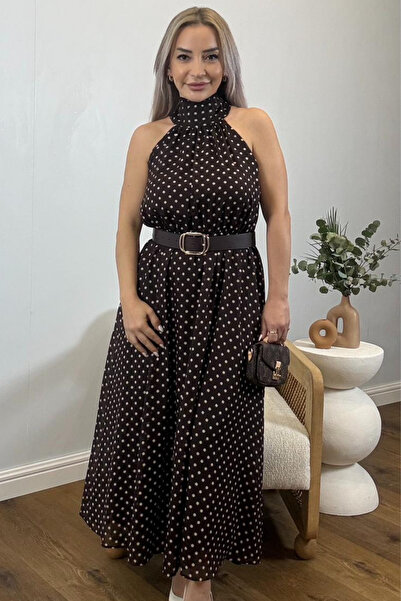 Muna Boutique Muxa Brown and White Polka Dot Lined Women's Dress with Button ...