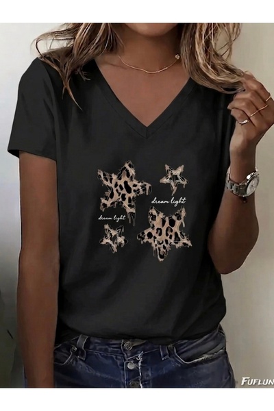 FUFLUNS Written Leopard and Stars Printed Women's Oversize V-Neck T-Shirt