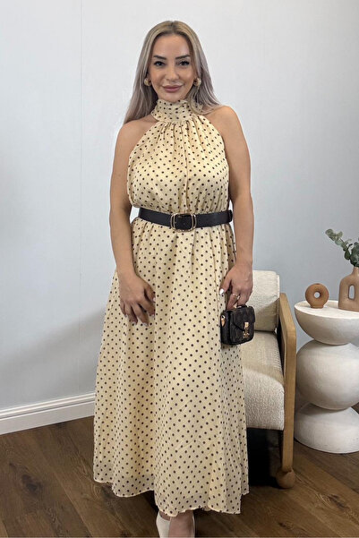 Muna Boutique Muxa Beige Brown Polka Dot Lined Women's Dress with Button Deta...