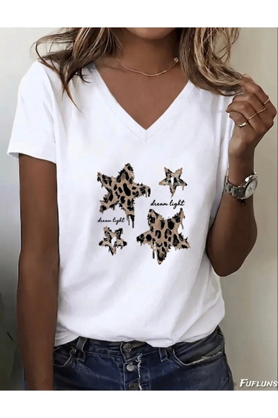 FUFLUNS Written Leopard and Stars Printed Women's Oversize V-Neck T-Shirt