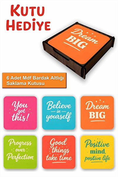 UNT 6-Piece Mdf Coasters with Storage Box – Motivational Quotes