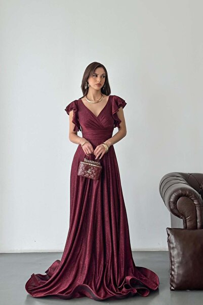 MyLoore Γυναικείο βραδινό φόρεμα σε μπορντό απόχρωση με λάμψη – Κομψό και ρευ...