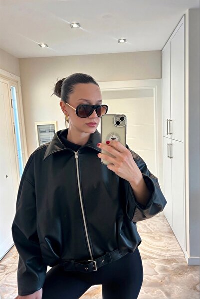 COJIKO Women's Oversize Bomber Black Leather Jacket with Belt