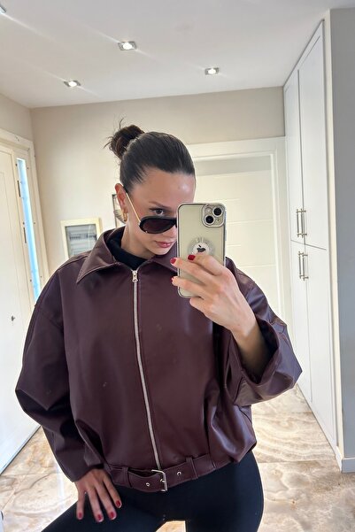 COJIKO Women's Oversize Bomber Burgundy Leather Jacket with Belt