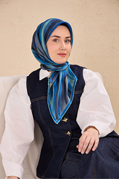 Silk Home Μεταξωτό μαντήλι τουίλ με κυματιστή ρίγα σκούρο μπλε 90x90 11517-21