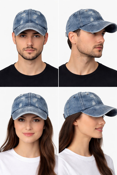 PİNO AKSESUAR Eskitme taşlanmış ayarlanabilir kot şapka unisex