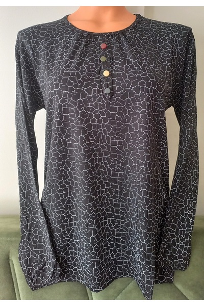 Anne بلوزة من القطن الممشط بأكمام طويلة وياقة دائرية وأكمام مطاطية باللون الأسود