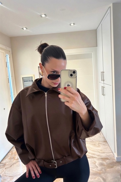 COJIKO Women's Oversize Bomber Brown Leather Jacket with Belt